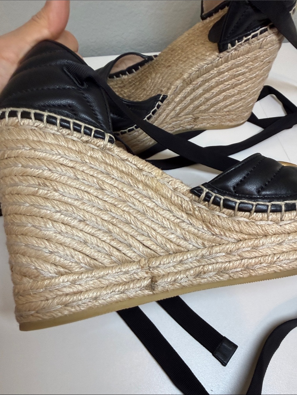 Gucci Black Leather GG Espadrille Wedges with Ribbon Ties - Picture 13 of 14